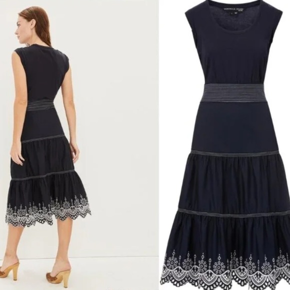 Veronica Beard Dresses & Skirts - NWOT VERONICA BEARD Amaia Navy Midi Eyelet Short Sleeve Embroidered Dress Size S